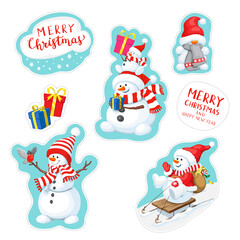 Fototapeta premium Vector stickers set with snowmen with a gift. Cute Christmas sticker with two snowmen. Greeting Illustration for Christmas design.
