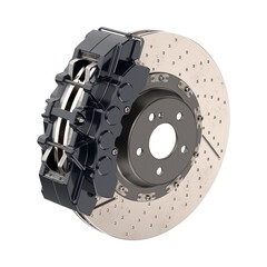 3D rendering of a brake disc assembly with an 8-piston aluminum caliper on a white background, close-up - obrazy, fototapety, plakaty