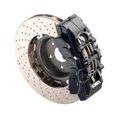 3D rendering of a brake disc assembly with an 8-piston aluminum caliper on a white background, close-up