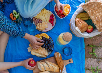 Family outdoor picnic. Mom and the children are eating lunch in nature. Wellness concept. Flat lay