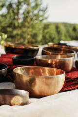 Tibetan bowls stand on a blanket in the forest. tools for musical meditation and massage with singing bowls 