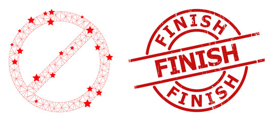 Forbid star mesh and grunge Finish seal. Red seal with distress surface and Finish caption inside round shape. Finish seal uses round shape, red color. Abstract lines and stars form forbid.