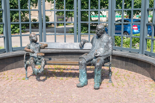 Gdansk, Poland - July 16, 2021: Monument with Oscar. Contemporary monument showing Oskar Matzerath, the protagonist of the novel The Tin Drum, together with its author, Gunter Grass.