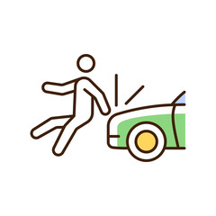 Collision involving pedestrian RGB color icon. Roadway crash. Hitting walker by car. Pedestrian injuries risk. Hit-and-run accident. Isolated vector illustration. Simple filled line drawing