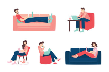 Work, freelance or study at home set. Man and woman working on laptops in comfortable conditions. Vector flat