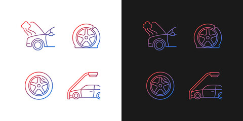 Vehicle damage in car accident cases gradient icons set for dark and light mode. Breakdown. Thin line contour symbols bundle. Isolated vector outline illustrations collection on black and white