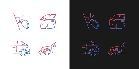 Auto body damage gradient icons set for dark and light mode. Scratches in vehicle exterior. Thin line contour symbols bundle. Isolated vector outline illustrations collection on black and white