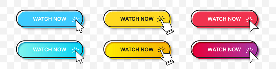 Watch Now buttons collection with cursor pointer in two styles. Flat design and gradient with shadow. Set of digital web button on a transparent background