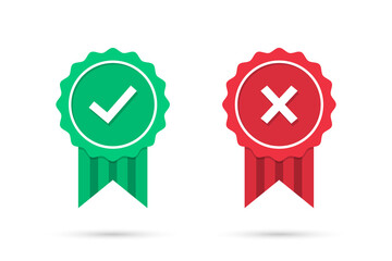 Check and cross medal icons in a flat design. Green approved and red rejected medal badge with shadow. Set of certified medal icons. Vector illustration