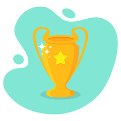 Golden trophy cup with star in a flat design. Award winners trophy cup with shadow
