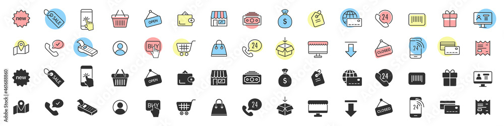 Poster E commerce and online shopping icons collection in two different styles