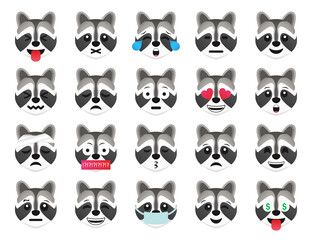 Racoon emoticon smile icons collection. Cartoon racoon emoji set. Vector emoticon set