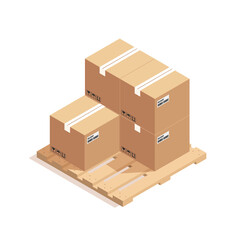 Fototapeta premium Brown closed carton delivery packaging box with fragile signs on wooden pallet isolated on white background vector