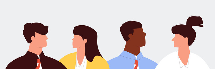 Multicultural team flat vector illustration. Unity in diversity. People of different nationalities and religions cartoon characters. Multinational society. Teamwork, cooperation, friendship concept.