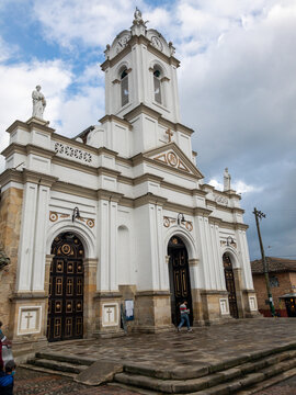 Vertical shot of Iglesia Tabio. Tabio Cundinamarca Main Park, Colombia.
