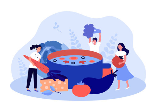 Team of tiny people making vegetable soup. Female and male characters holding vegetables for cooking flat vector illustration. Healthy food diet concept for banner, website design or landing web page