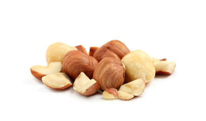 Heap of tasty hazelnuts on white background