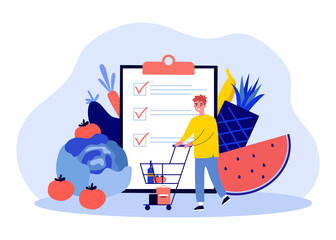 Customer buying food products with checklist. Tiny man with supermarket trolley flat vector illustration. Shopping list app for grocery store concept for banner, website design or landing web page - obrazy, fototapety, plakaty