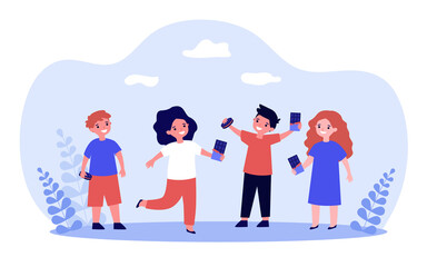 Happy kids eating sweet food together. Friends holding cookie and chocolate bar in hand flat vector illustration. Childs love of desserts concept for banner, website design or landing web page