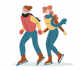 Lovers and happy young people are skating . Winter sports. Cute colorful characters in a flat style.