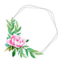 Silver geometric frame with roses and green leaves. Watercolor illustration. Decorative watercolor flowers. Perfect for printing on wedding cards and invitations.
