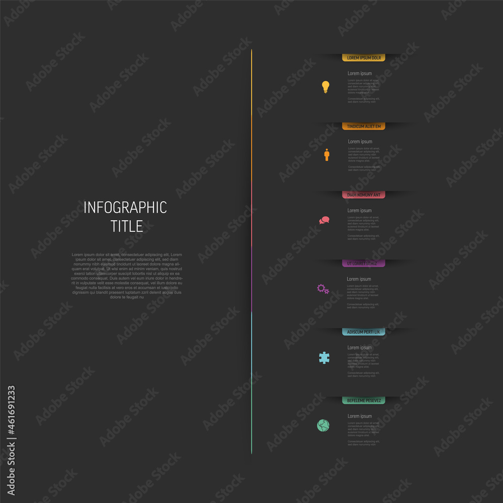 Poster six vertical elements infographic with color bookmarks - dark version