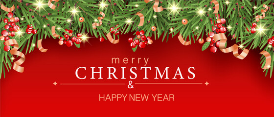 Fototapeta na wymiar Merry Christmas and Happy New Year banner with pine branches, berries and confetti on red background. For backgrounds, posters, advertisements, cards, web banners, sale banner, Christmas sale.