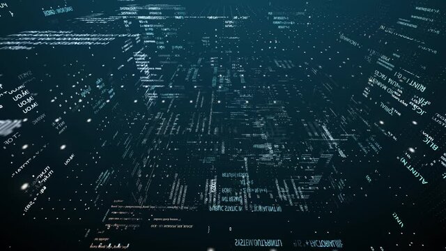 Flying through a stream of binary code data in a chaotic technological space