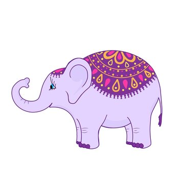 elephant in Indian style. Vector cartoon illustration for printing, backgrounds, wallpapers, packaging, greeting cards, posters, stickers, textile, seasonal design. Isolated on white background.