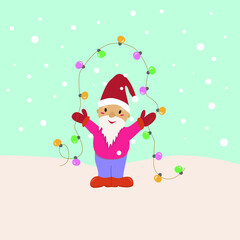 happy little gnome with garland flashlights