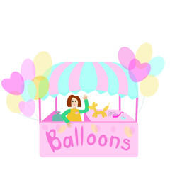 stall counters with balloons and cute woman flat illustration