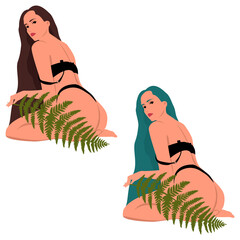 Brunette and blue-haired models in black underwear sitting on knees with a fern leaf. Print for clothes.