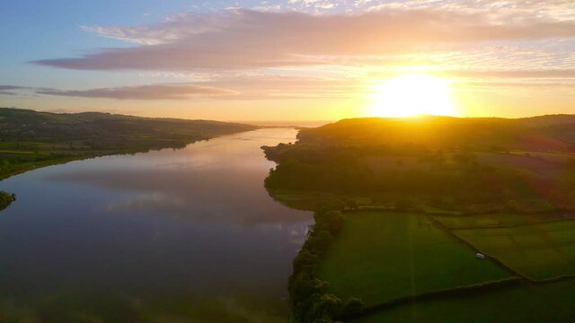 Sunrise over River Teign from a drone, Newton Abbot, Devon, England, Europe