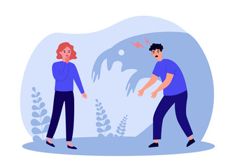 Sad woman in fear and stress from shadow of angry man. Couple of people quarreling with violence, abuse flat vector illustration. Family quarrel concept for banner, website design or landing web page