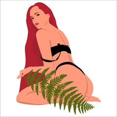 Redhead girl in black underwear sitting on knees with a fern leaf. Vector illustration. Print for clothes.