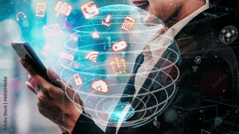 Aufkleber multimedia and computer applications conceptual . business people using technology of digital gadget