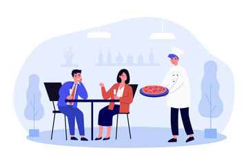 Cook delivering pizza to happy couple clients. Smiling man and woman having dinner together in Italian restaurant. Chef serving customers. Fast food, eating out. Flat vector cartoon illustration.