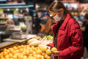 Girl wears protected mask in store. Shopping time during coronavirus outbreak. Girl in a medical mask. Quarantine and protection virus, flu, epidemic COVID-19. Coronavirus quarantine.