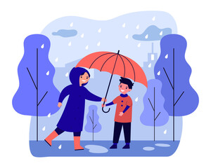 Happy woman in raincoat giving umbrella to boy. Smiling caring person covering guy from raining. Autumn season weather concept. Flat cartoon vector illustration, web landing.
