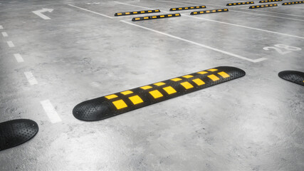 Black yellow speed bump in the parking lot, 3d render