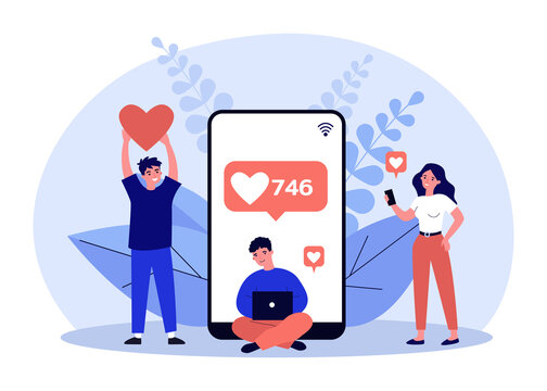 Happy Followers Giving Likes To Viral Content Of Influencer. Tiny People Holding Heart In Hand Flat Vector Illustration. Loyalty Of Blog Audience Concept For Banner, Website Design Or Landing Web Page