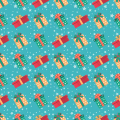 Festive seamless pattern with colorful gift boxes and stars. Print for birthday, Christmas and other holiday wrapping paper, scrapbook, fabric, web design. Vector flat design illustration