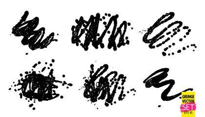 Grunge quirky scribbles set. Paint freehand strokes. Abstract ink lines. Quirky doodle shapes. Grungy creative overlays.
