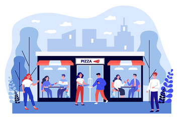 People eating in outdoor pizza restaurant. Smiling cartoon characters dining out in pizzeria. Friends relaxing in cafe having dinner or lunch. Italian traditional food. Flat vector illustration.