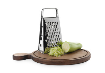 Stainless steel grater and fresh squash on white background