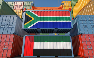 Freight containers with United Arab Emirates and South Africa national flags. 3D Rendering 