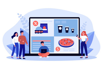 Tiny people ordering food online on laptop. Smiling friends buying fastfood using internet application on computer from home. Delivery service concept. Flat vector cartoon illustration.