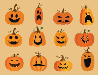 Set of five Halloween pumpkins with different facial expressions