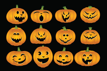 Set of five Halloween pumpkins with different facial expressions