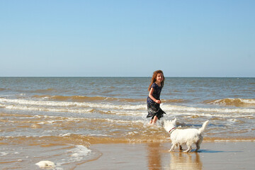 Young girl playing with a white dog on. Cromer beach in a sunny day of summer, joy, happiness, holiday, vacation in England, United Kingdom, Norfolk coast, North sea
